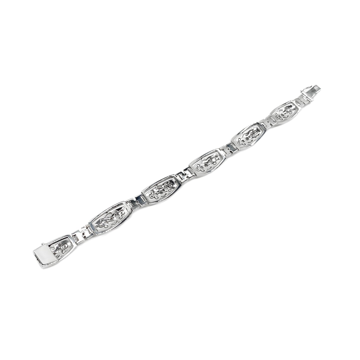 Stunning Art Deco 18ct white gold articulated bracelet set with six European-cut diamonds (0.05ct each) and eighteen tiny mine cut diamonds. Argentina