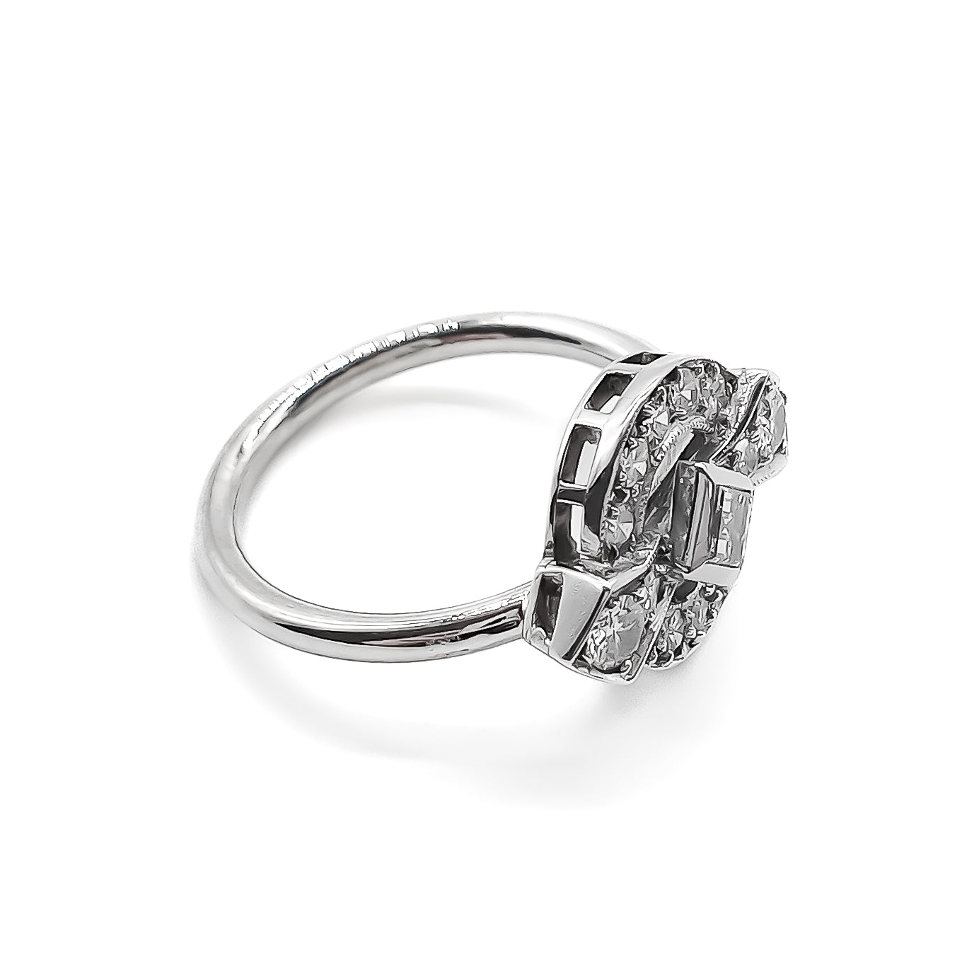 Stunning 18ct white gold Art Deco ring with a princess cut centre diamond and fourteen round cut diamonds.