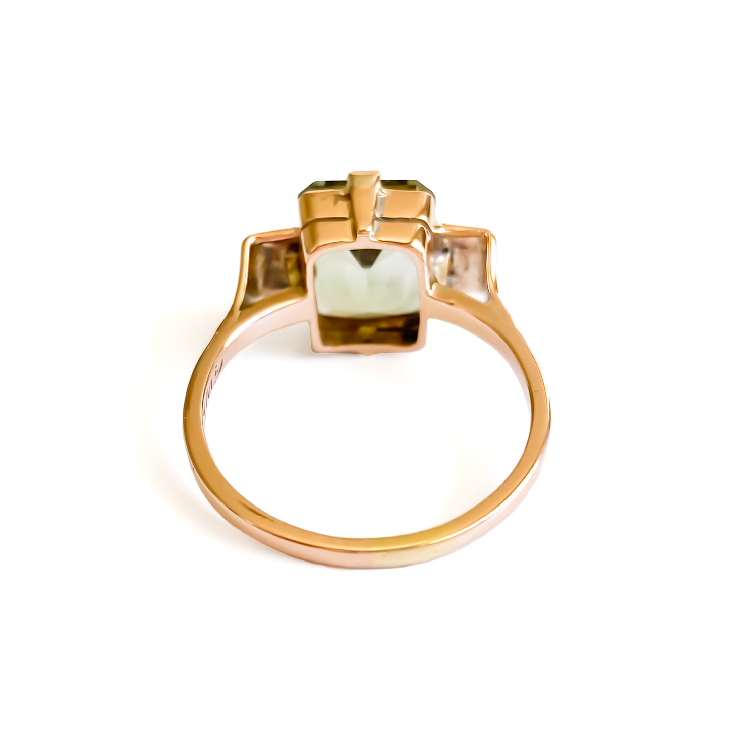 Art Deco 9ct rose gold ring set with a beautifully faceted green rectangular prasiolite gemstone.