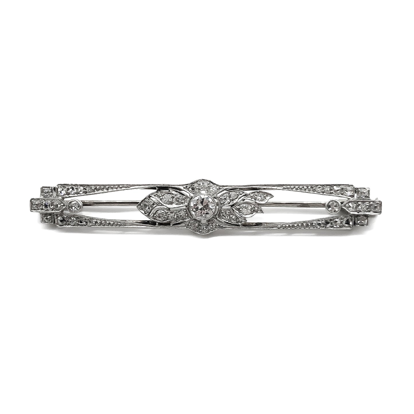 Classic art deco platinum diamond brooch with a 0.35ct centre diamond and forty two small old cut diamonds.