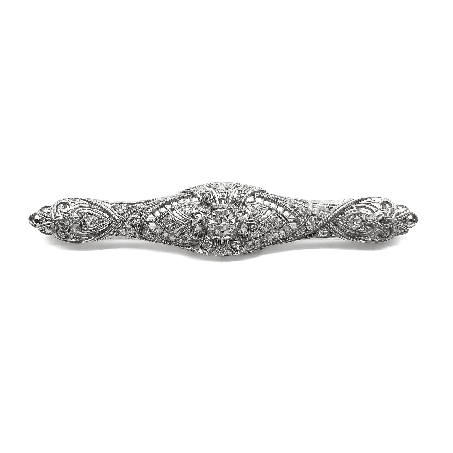 Stunning Art Deco platinum diamond brooch with a 0.40ct centre diamond and thirty smaller diamonds in an intricate filigree setting. Circa 1920s