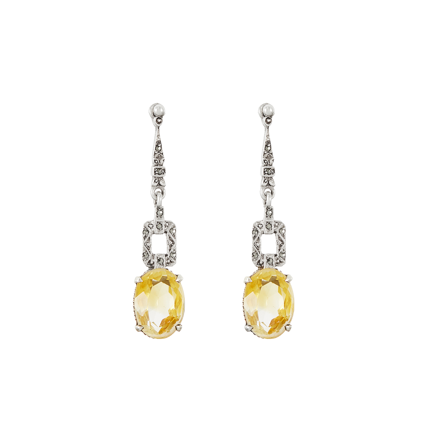 Pretty Art Deco silver dangling earrings, each set with marcasites a beautifully faceted oval citrine.