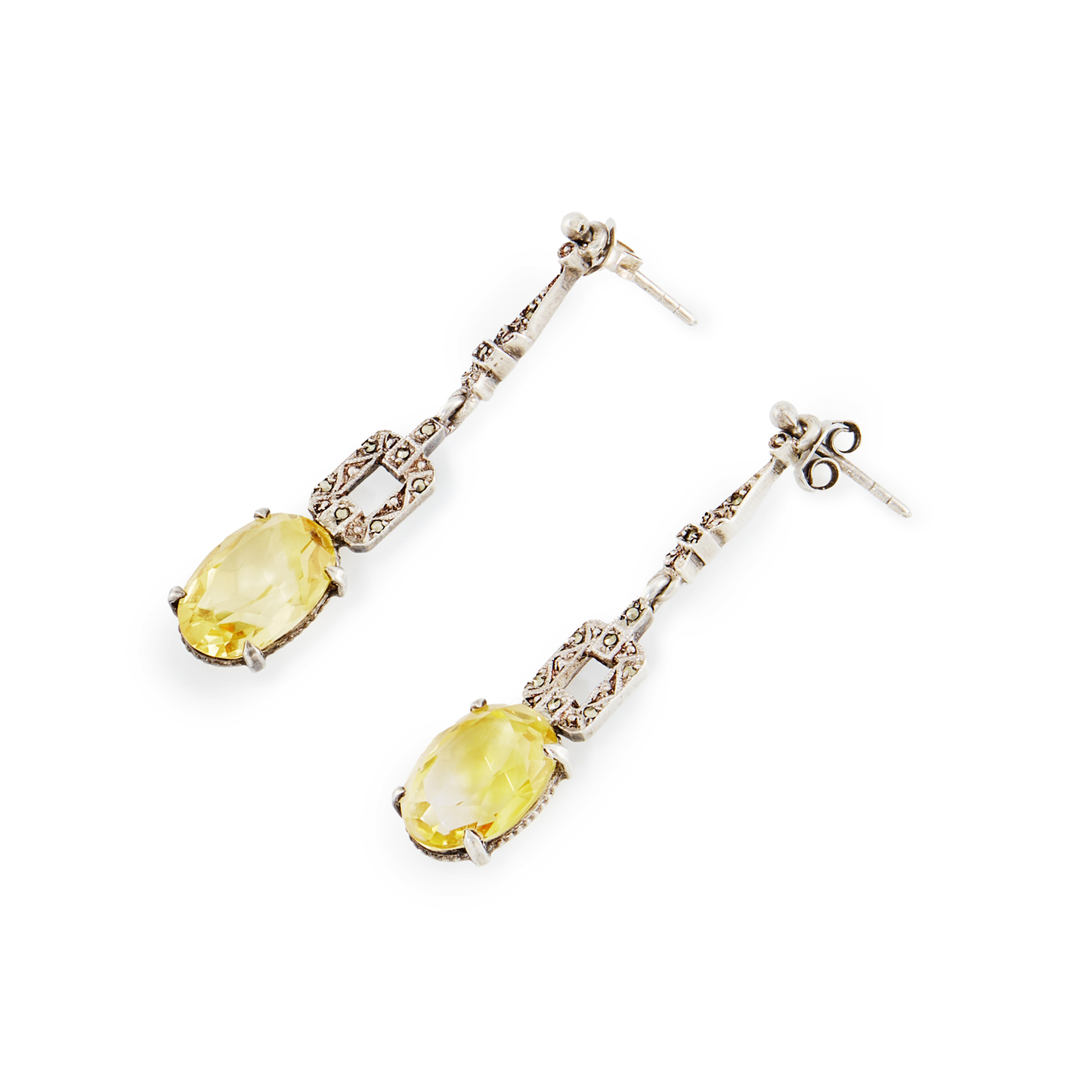 Pretty Art Deco silver dangling earrings, each set with marcasites a beautifully faceted oval citrine.