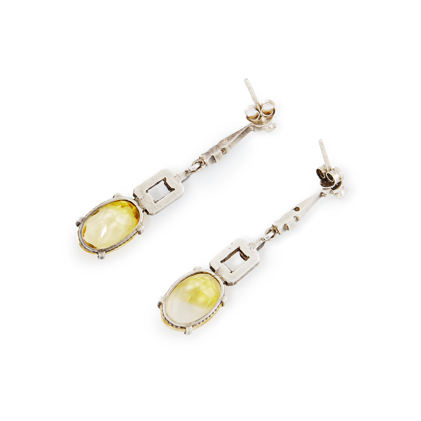 Pretty Art Deco silver dangling earrings, each set with marcasites a beautifully faceted oval citrine.