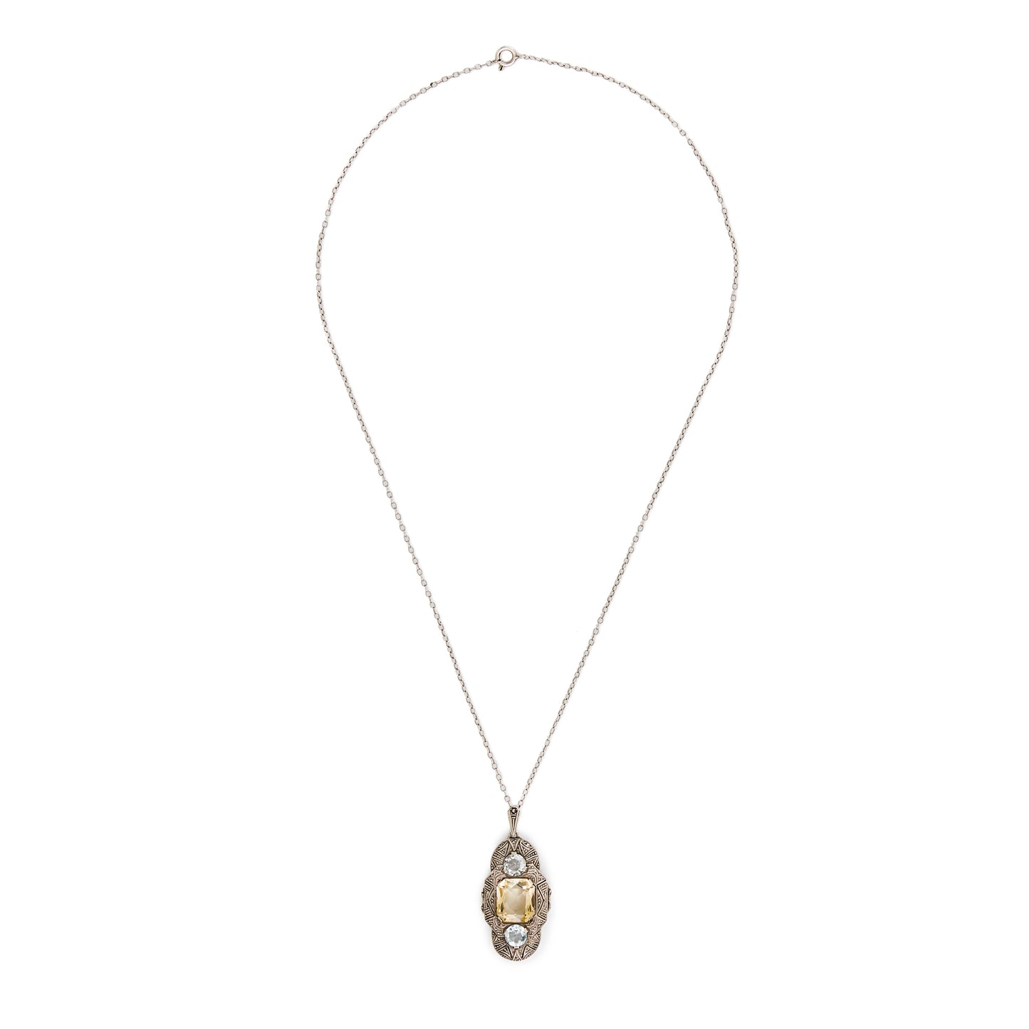 Lovely silver Art Deco Fahner-style pendant set with a single citrine and two faceted aquamarines, on a silver chain.
