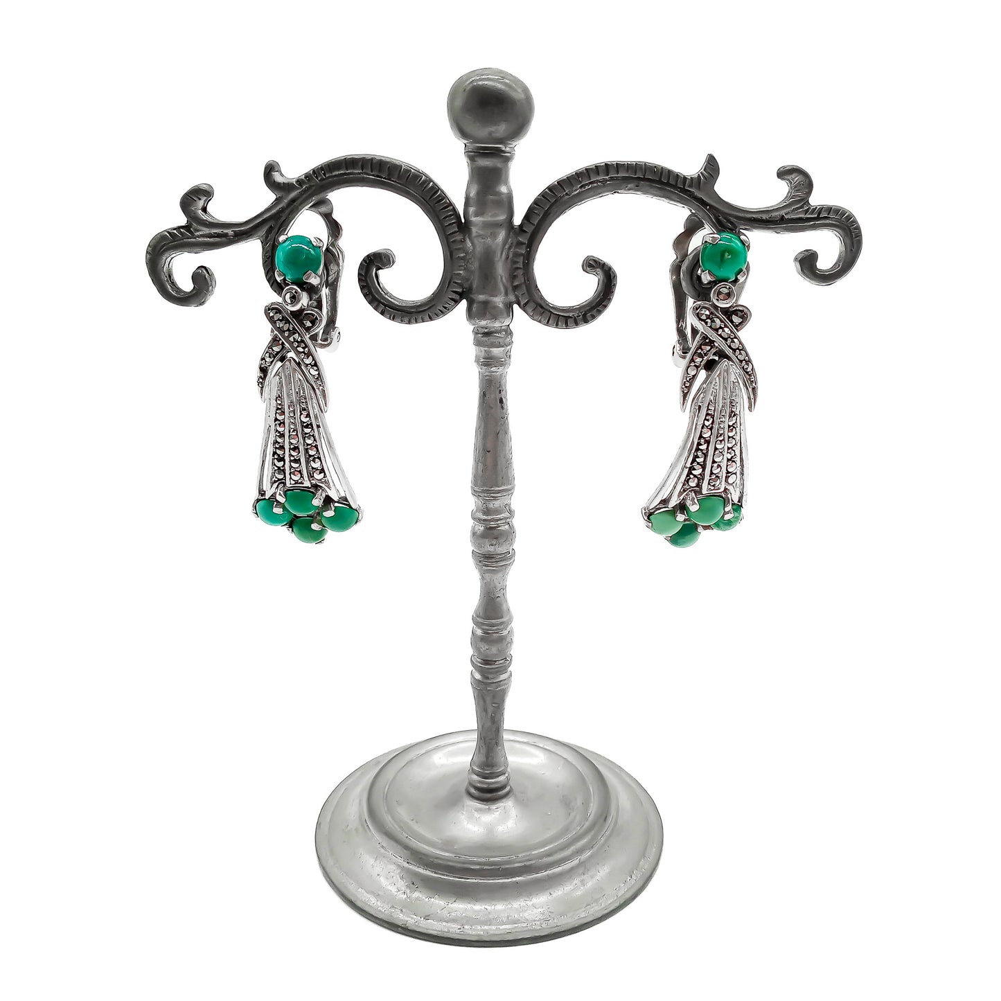 Glamorous Art Deco clip-on drop earrings set with cabochon turquoise stones and marcasites. Circa 1930’s