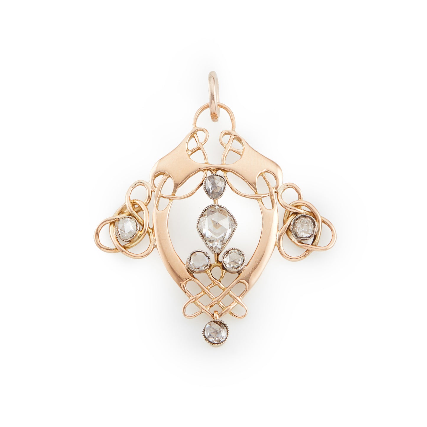 Exquisite Art Nouveau 15ct gold pendant, set with a pear-shaped rose cut centre diamond, surrounded by six rose cut diamonds and a dangling rose cut diamond drop.