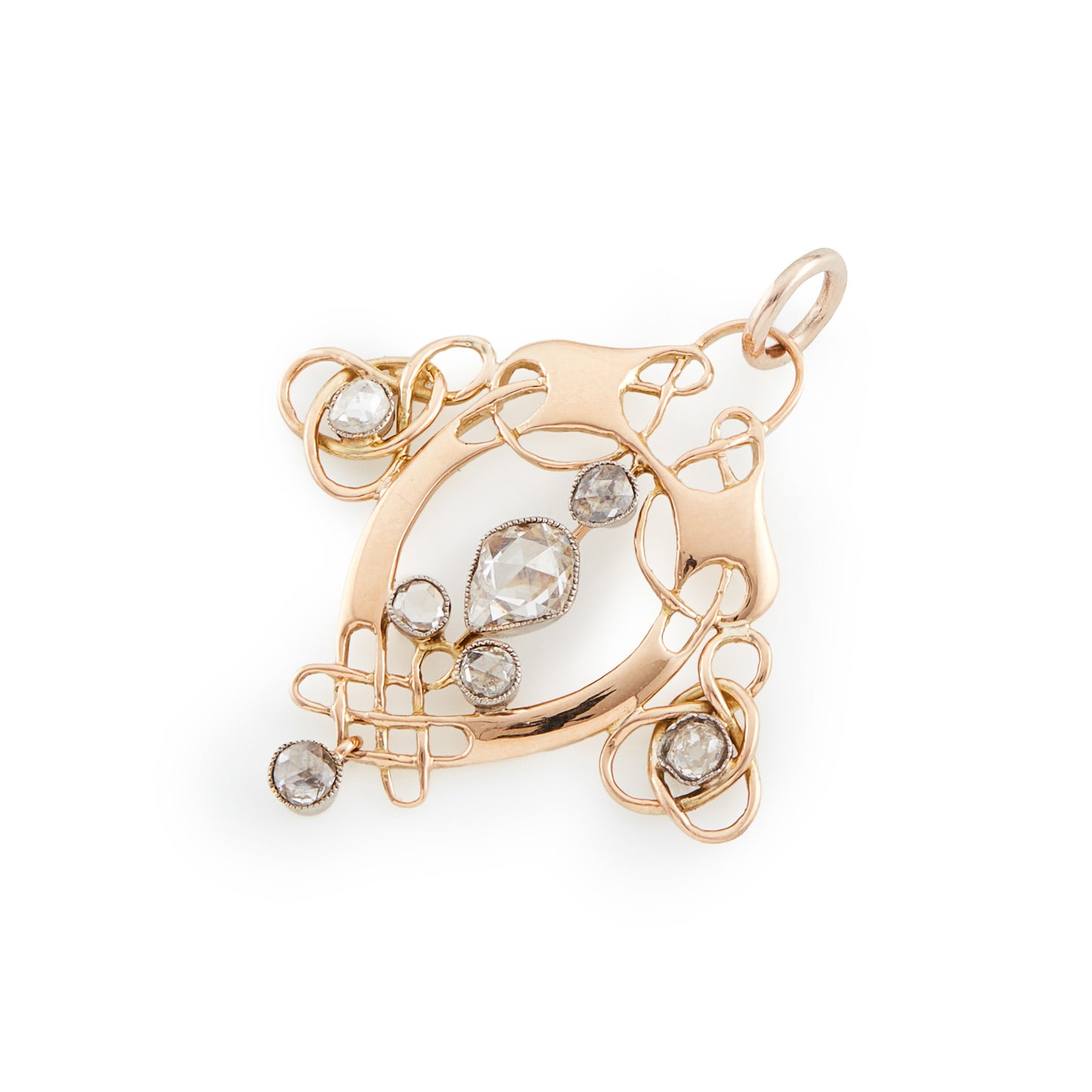 Exquisite Art Nouveau 15ct gold pendant, set with a pear-shaped rose cut centre diamond, surrounded by six rose cut diamonds and a dangling rose cut diamond drop.
