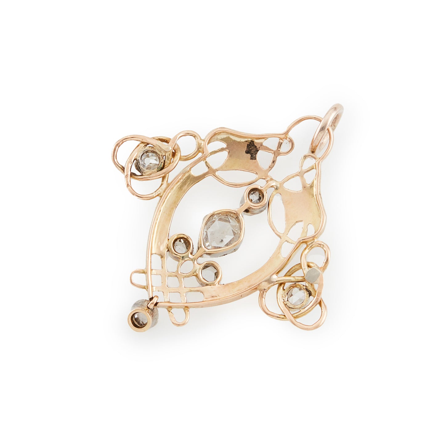 Exquisite Art Nouveau 15ct gold pendant, set with a pear-shaped rose cut centre diamond, surrounded by six rose cut diamonds and a dangling rose cut diamond drop.