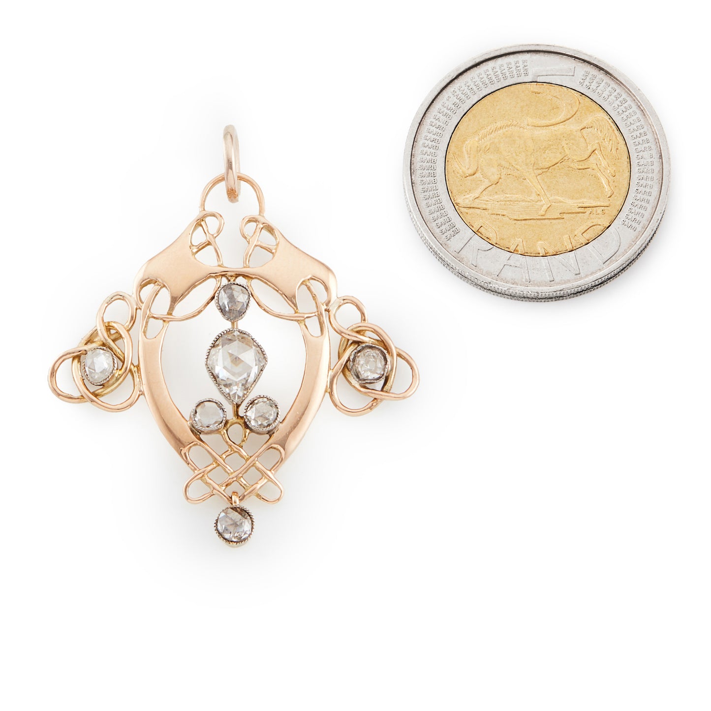 Exquisite Art Nouveau 15ct gold pendant, set with a pear-shaped rose cut centre diamond, surrounded by six rose cut diamonds and a dangling rose cut diamond drop.