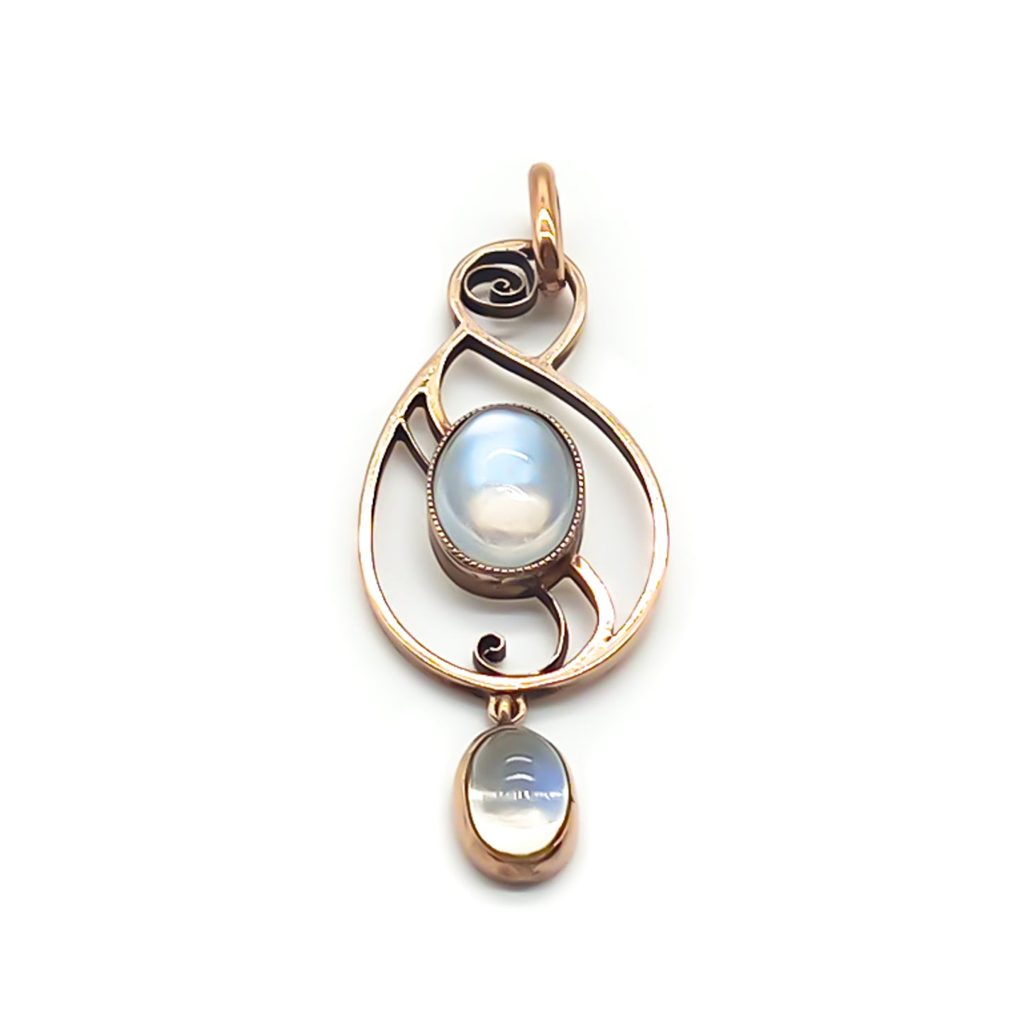 Stylish Art Nouveau 9ct rose gold pendant set with two luminous moonstone oval cabochons.