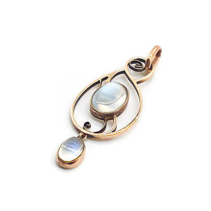 Stylish Art Nouveau 9ct rose gold pendant set with two luminous moonstone oval cabochons.