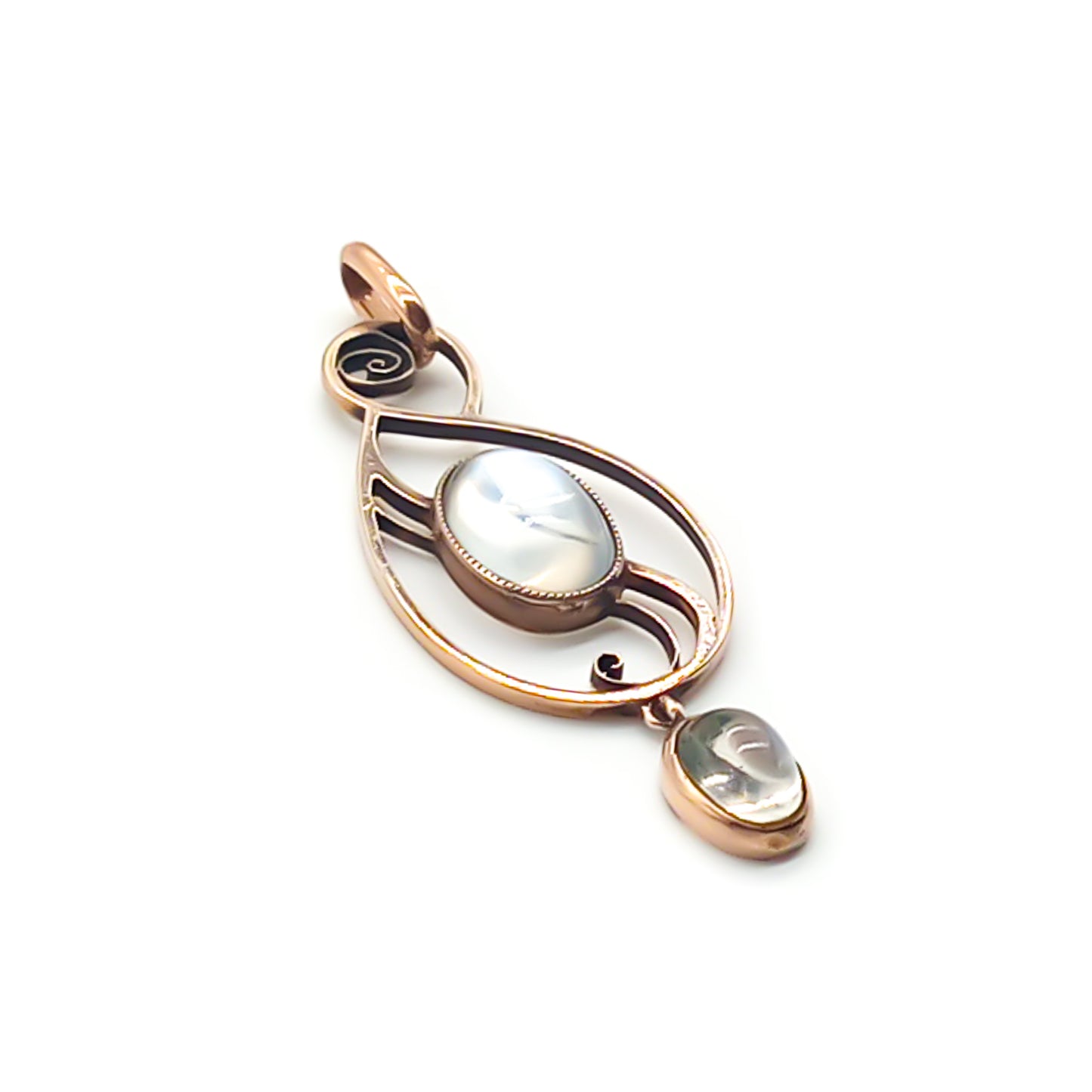 Stylish Art Nouveau 9ct rose gold pendant set with two luminous moonstone oval cabochons.