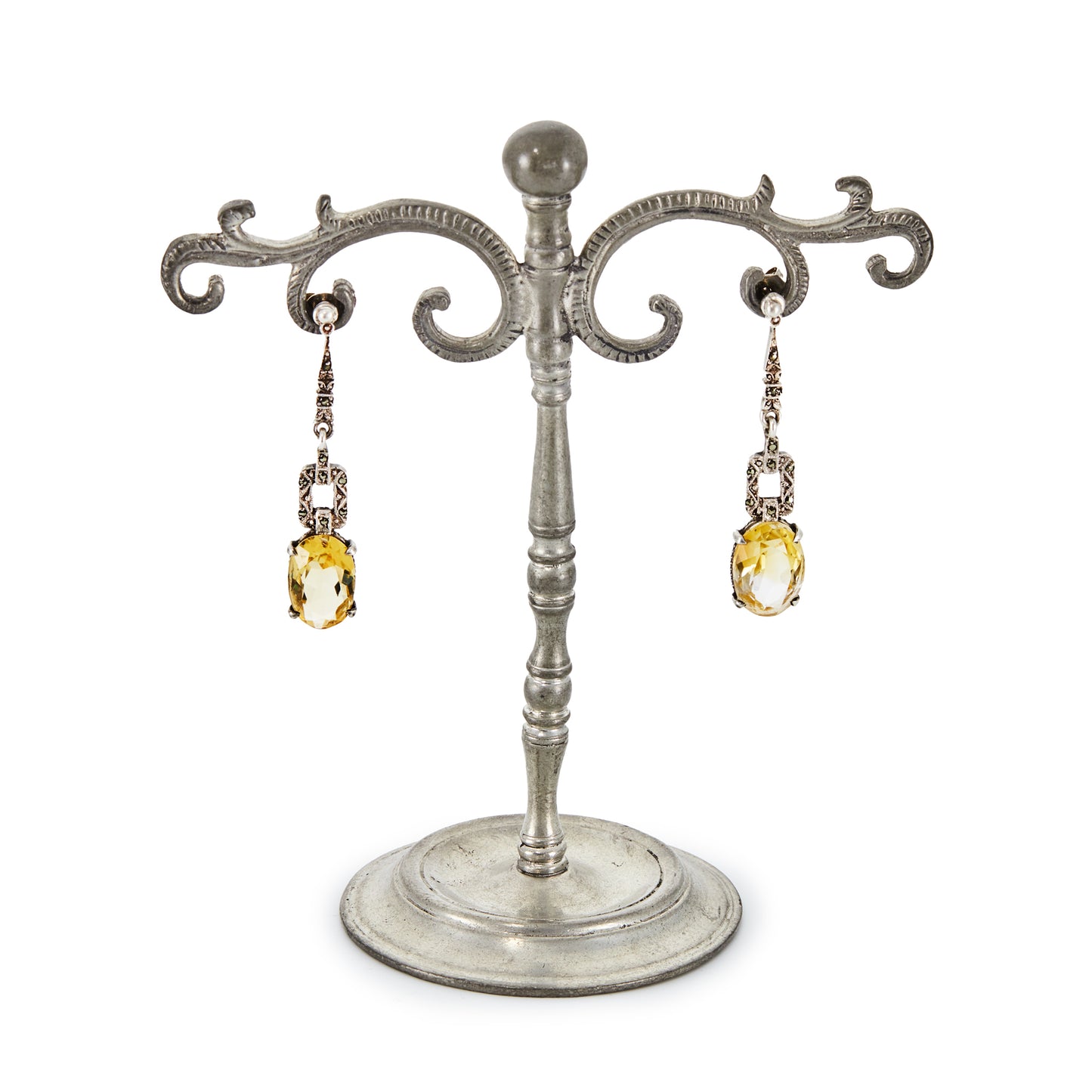 Pretty Art Deco silver dangling earrings, each set with marcasites a beautifully faceted oval citrine.