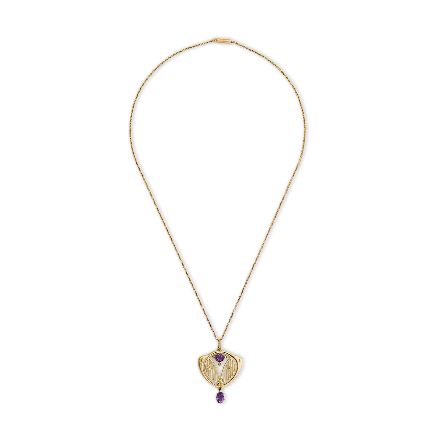 Exquisite Arts and Crafts 9ct gold pendant set with two faceted amethysts, on a 9ct gold belcher link chain with a barrel clasp.
