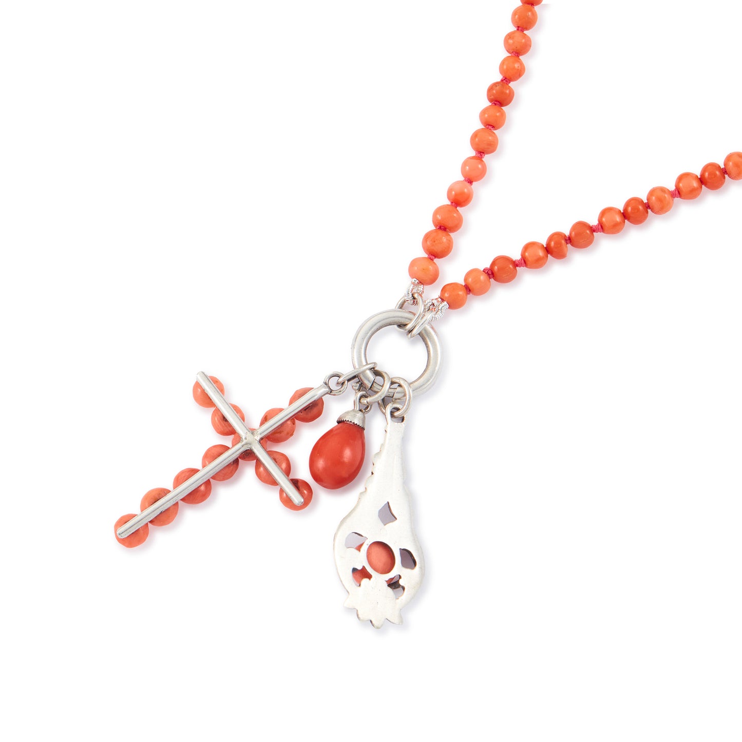 Quaint beaded natural coral necklace with three vintage silver and coral charms attached to a silver bolt ring.