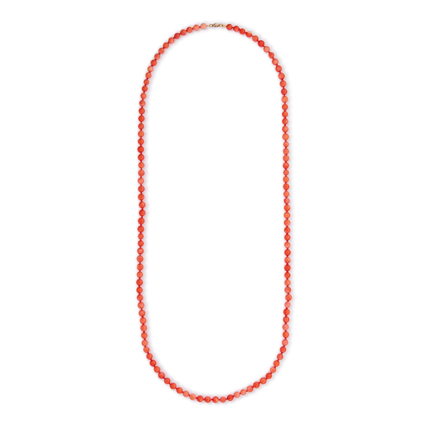 Lovely string of angel hair coral with interesting range in colour and size of the beads, with a 9ct gold clasp. Can be draped twice around the neck to form a choker.