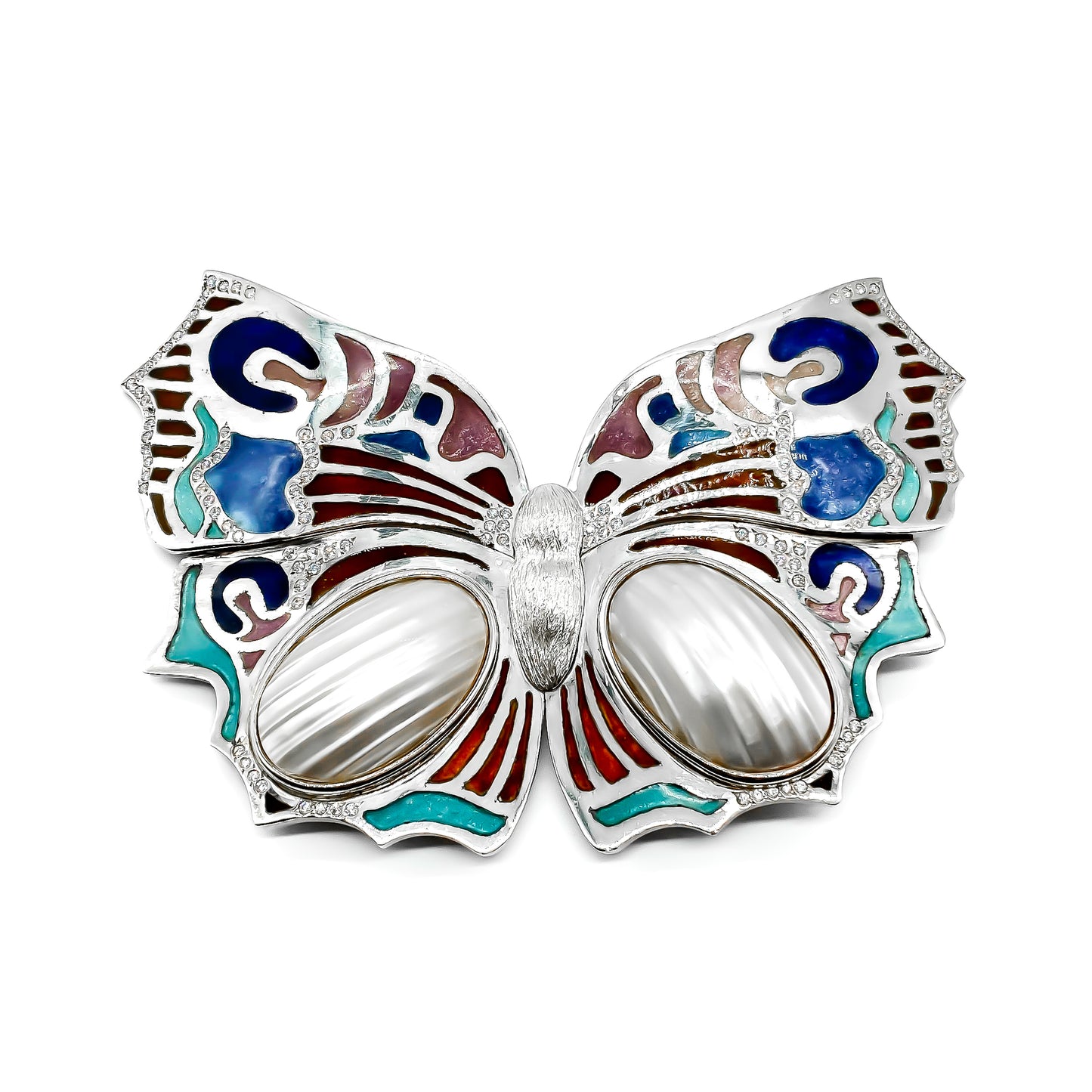 Magnificent large silver beautifully enamelled butterfly buckle set with two blister pearls and paste. Signed. Circa 1993