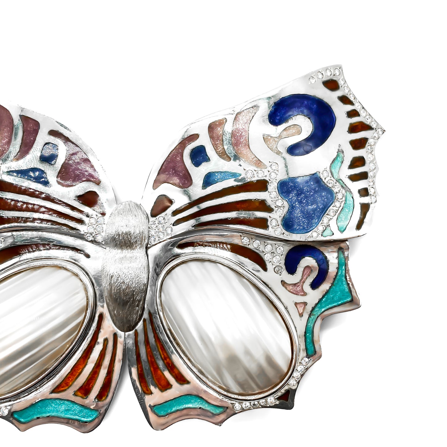 Magnificent large silver beautifully enamelled butterfly buckle set with two blister pearls and paste. Signed. Circa 1993