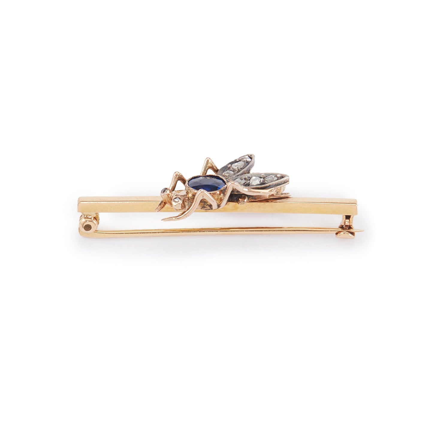 Charming 15ct yellow gold bar brooch featuring a quaint insect with a sapphire body and mine cut diamond eyes and wings.