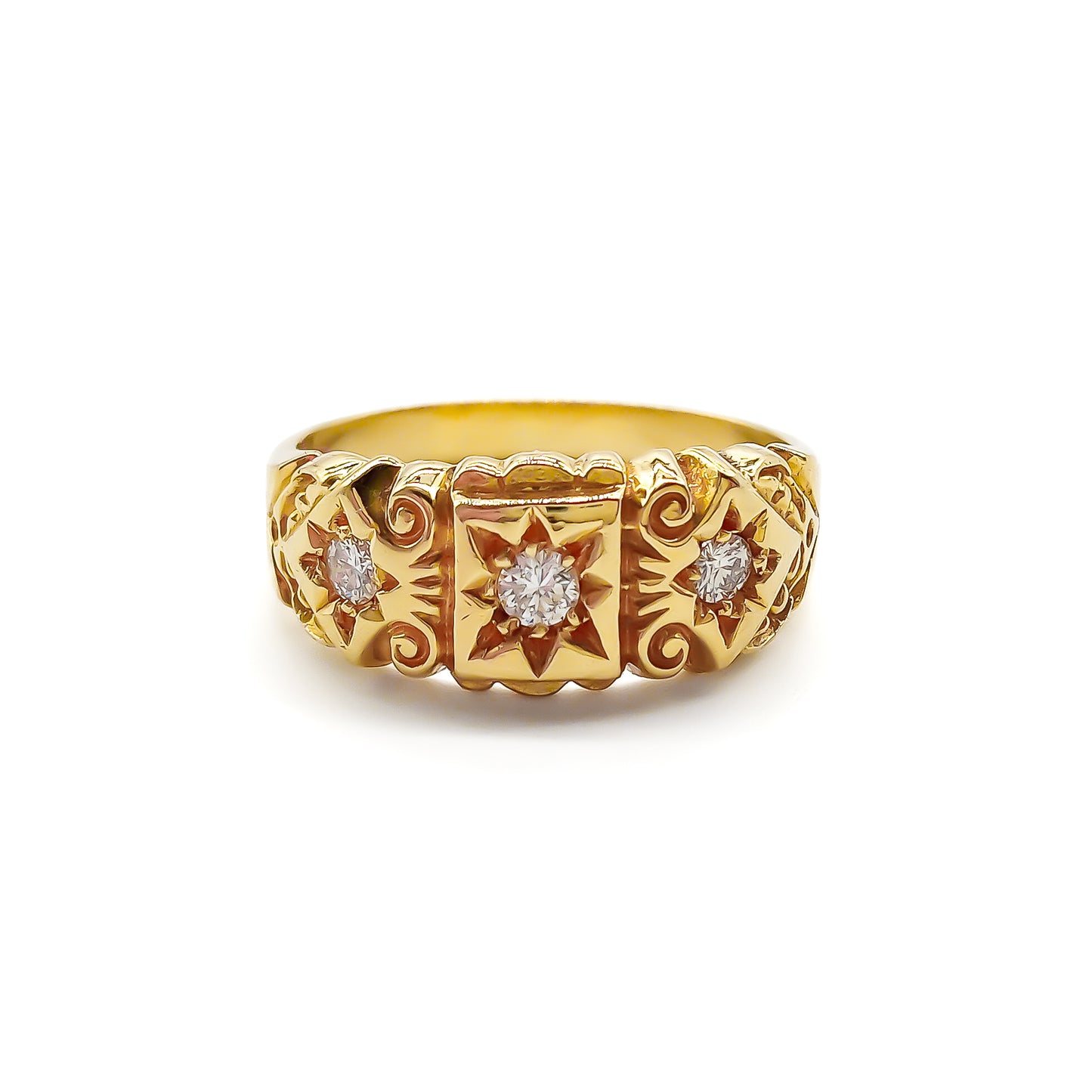 Classic Edwardian 18ct yellow gold trilogy diamond ring with beautiful engraving.