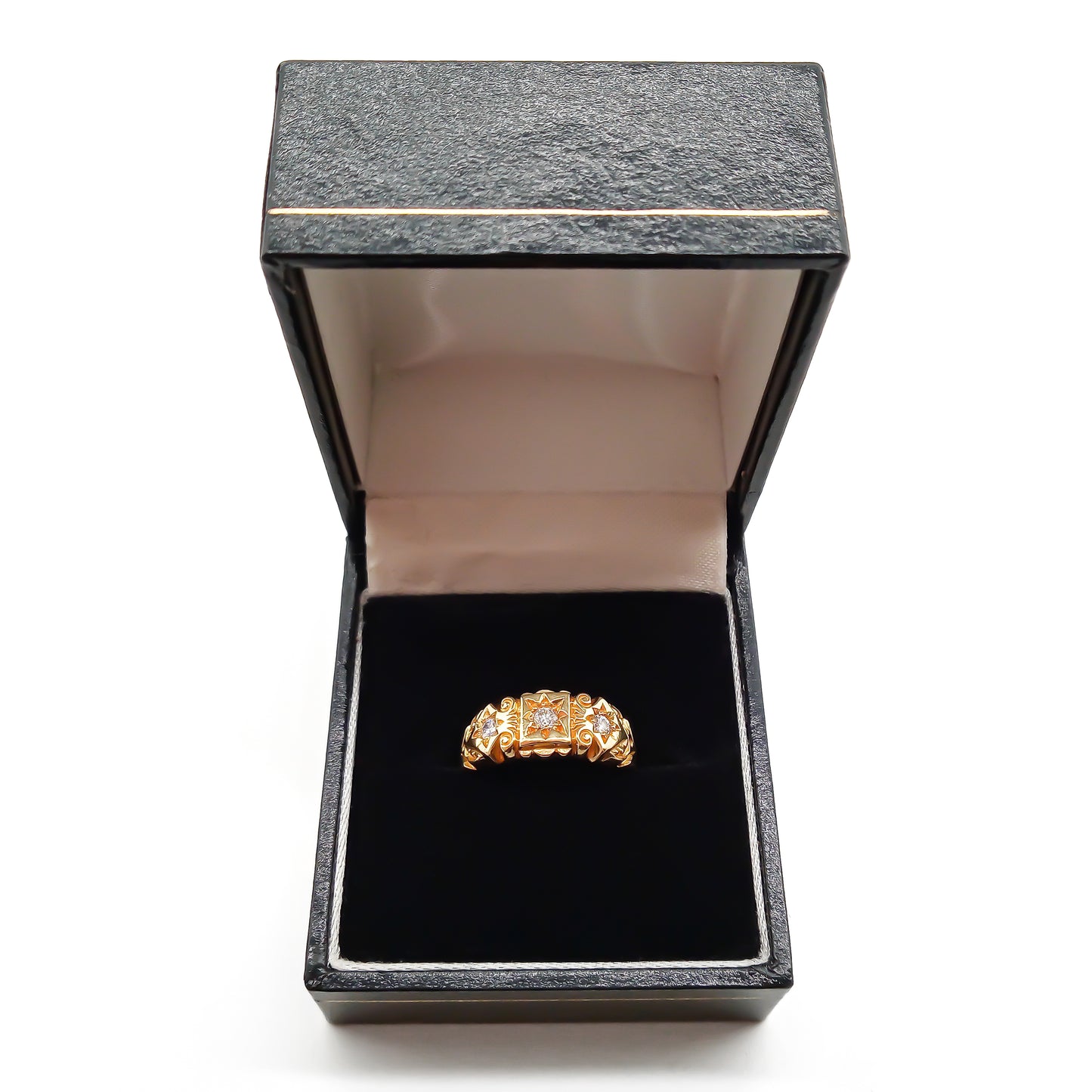 Classic Edwardian 18ct yellow gold trilogy diamond ring with beautiful engraving.