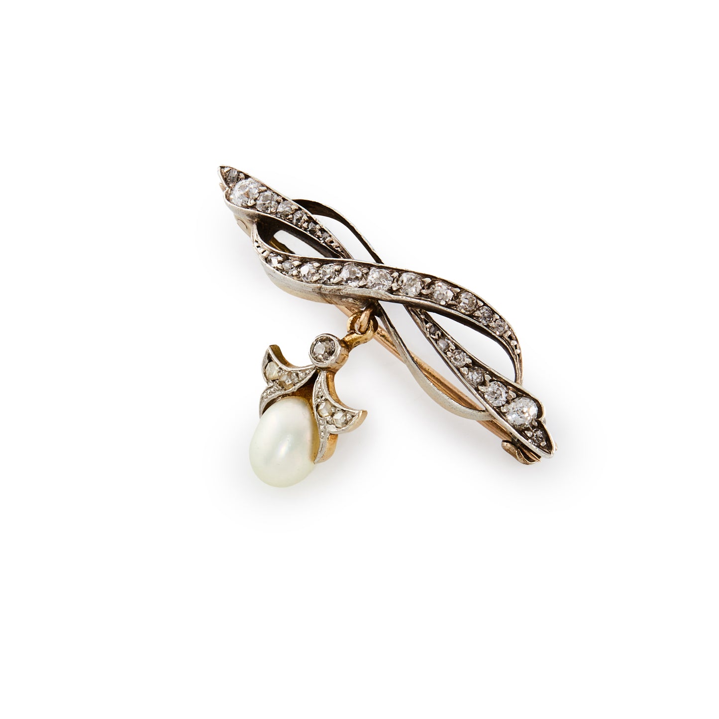 Exquisite Edwardian 18ct gold and silver bow brooch encrusted with old cut diamonds in varying sizes, with a pearl and diamond drop.