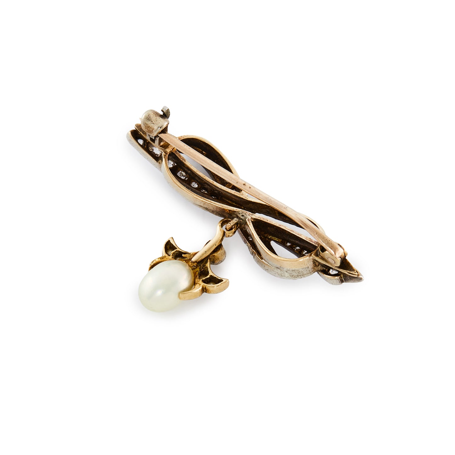Exquisite Edwardian 18ct gold and silver bow brooch encrusted with old cut diamonds in varying sizes, with a pearl and diamond drop.