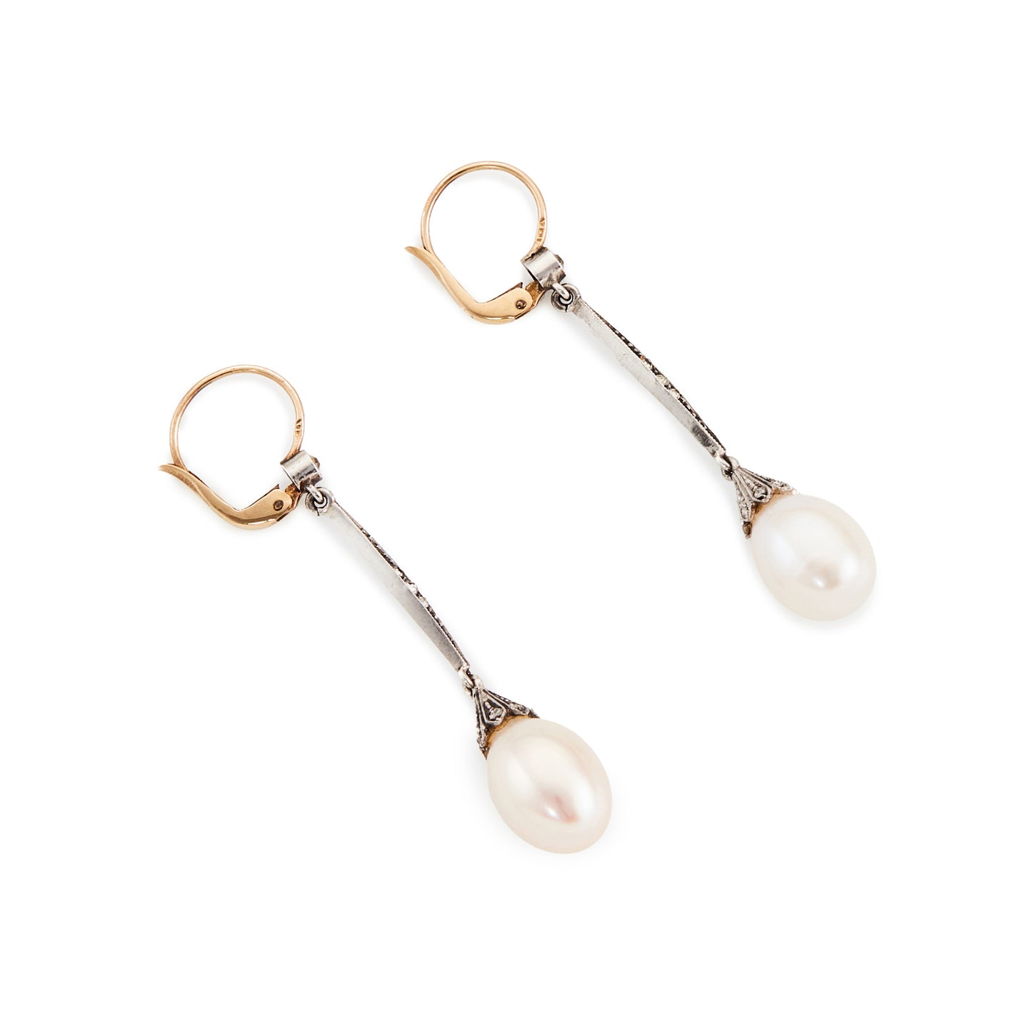 Exquisite Edwardian 18ct gold and silver earrings, each set with seven paste stones and a luminous pearl drop.