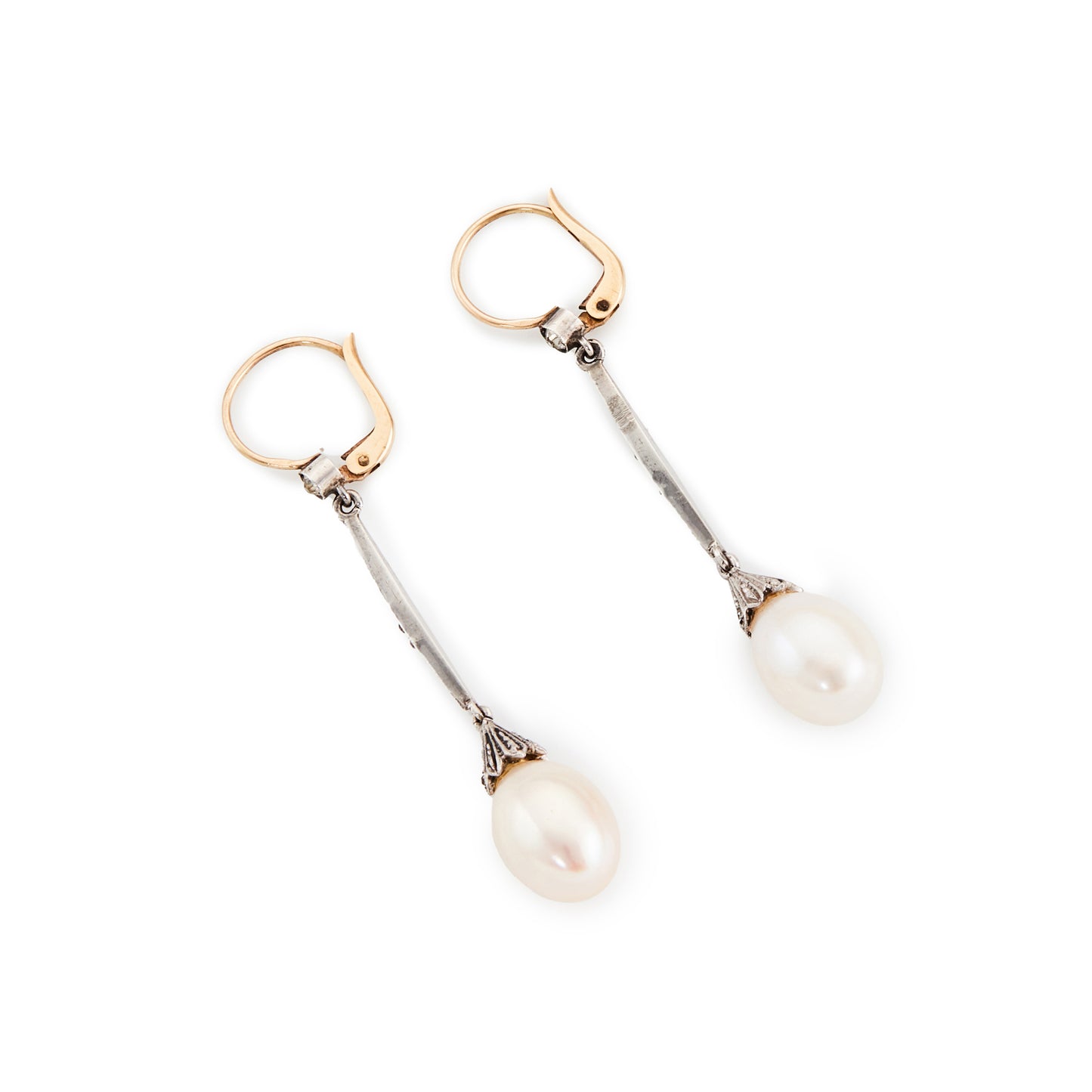 Exquisite Edwardian 18ct gold and silver earrings, each set with seven paste stones and a luminous pearl drop.