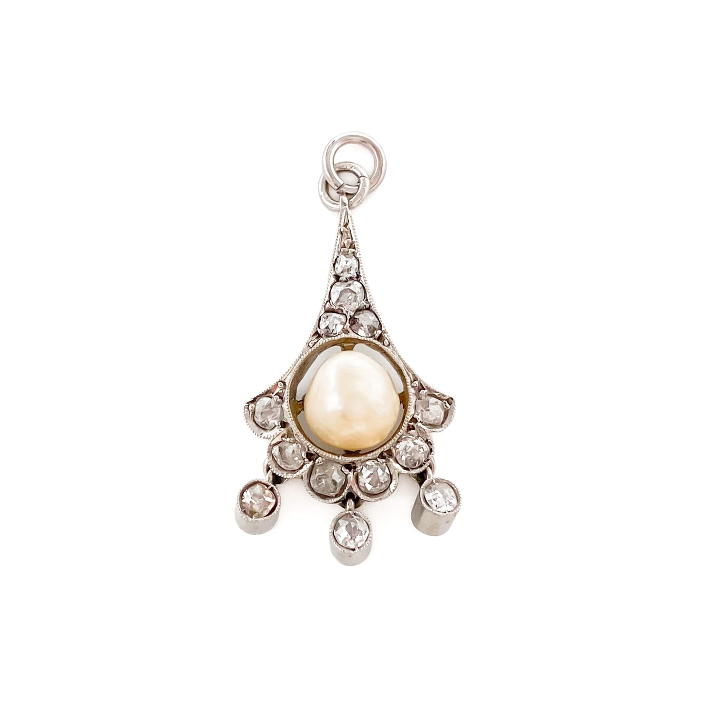 Charming Edwardian 18ct white gold pendant set with a centre pearl surrounded by ten old-cut diamonds, and three dangling diamond drops.