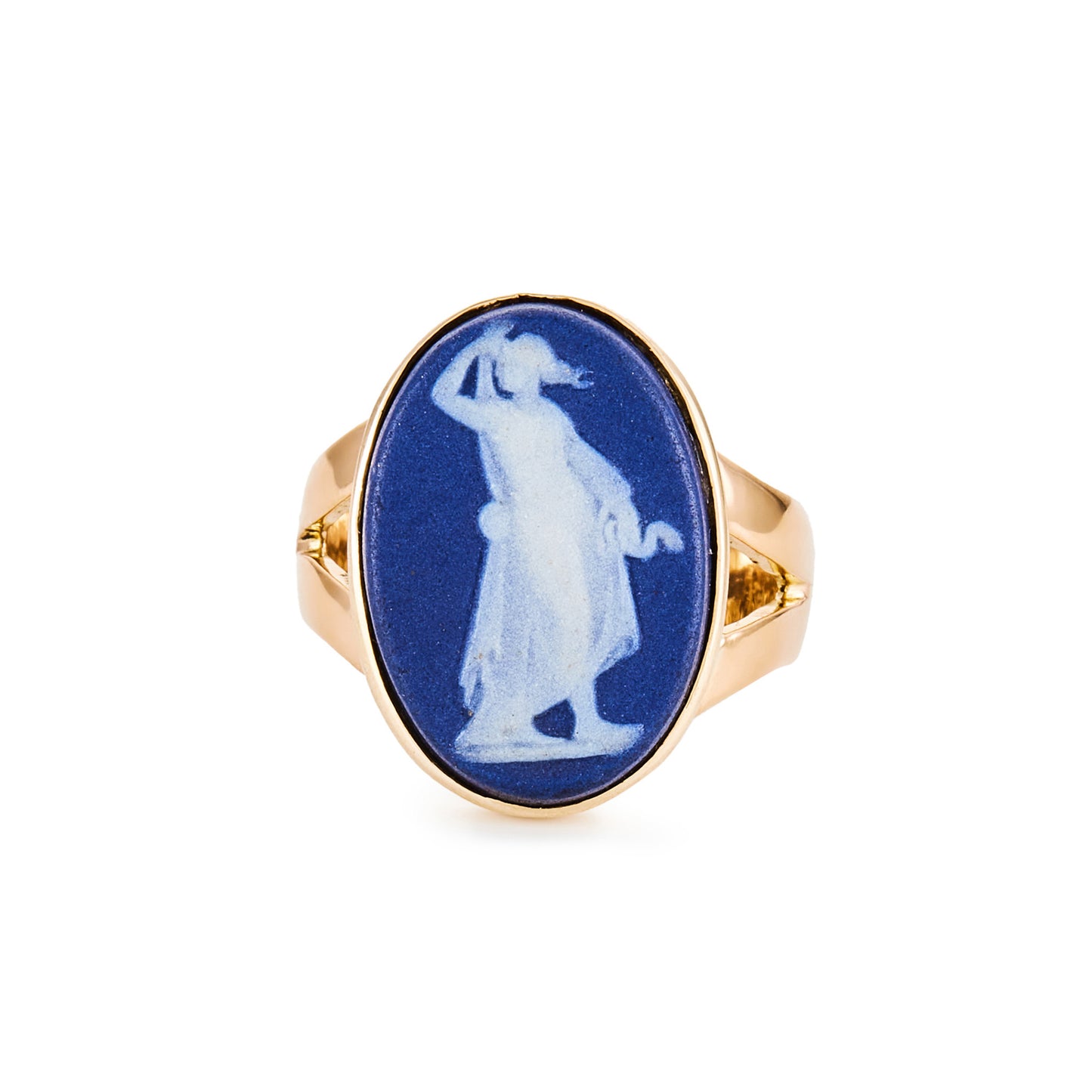 Edwardian 22ct gold ring set with a beautiful piece of blue and white Wedgwood ceramic depicting a classical figure of a woman. Fully hallmarked - London 1903
