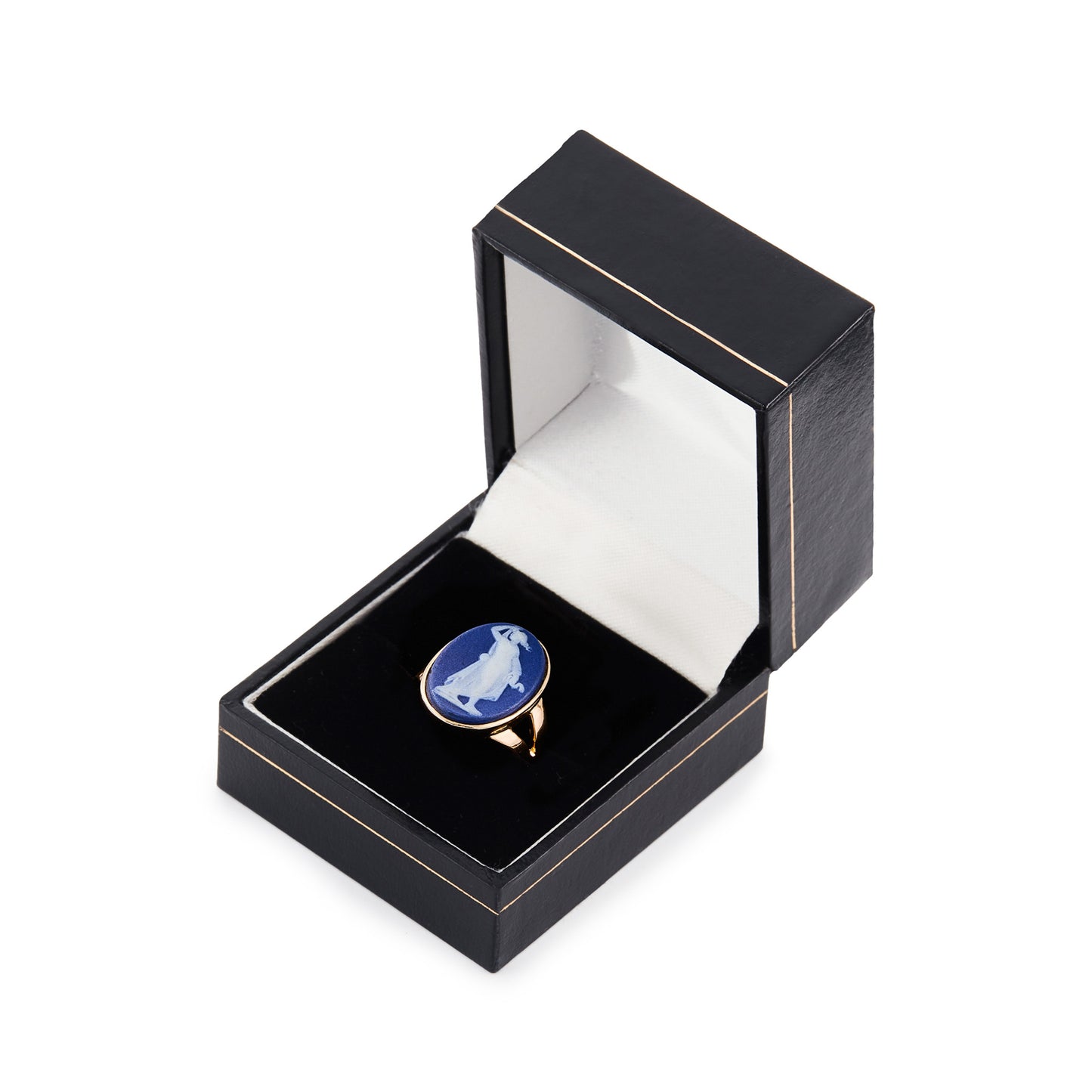 Edwardian 22ct gold ring set with a beautiful piece of blue and white Wedgwood ceramic depicting a classical figure of a woman. Fully hallmarked - London 1903