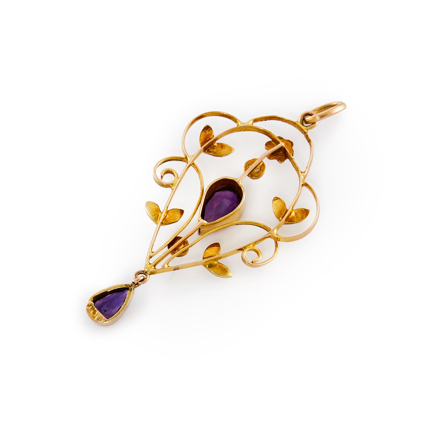Pretty Edwardian 9ct gold pendant set with two beautifully faceted pear-shaped amethysts and eleven tiny seed pearls.