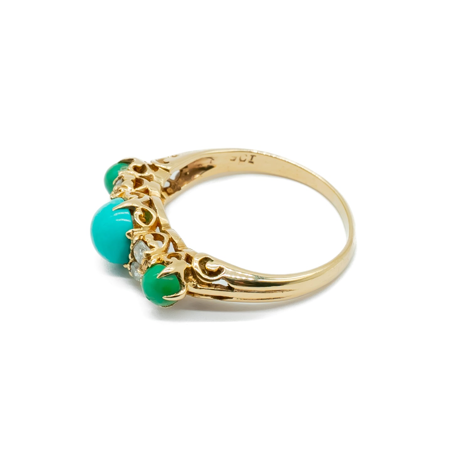 Beautiful Edwardian 9ct gold ring set with three cabochon turquoise stones and four faceted diamonds.