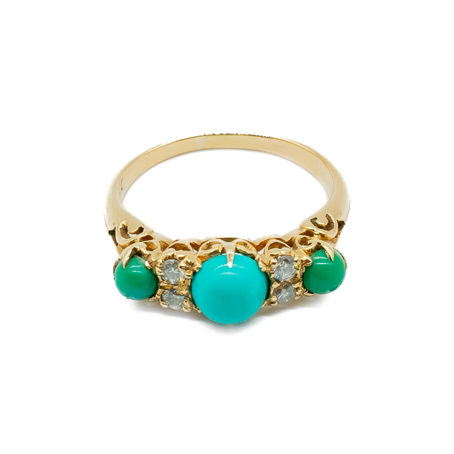 Beautiful Edwardian 9ct gold ring set with three cabochon turquoise stones and four faceted diamonds.