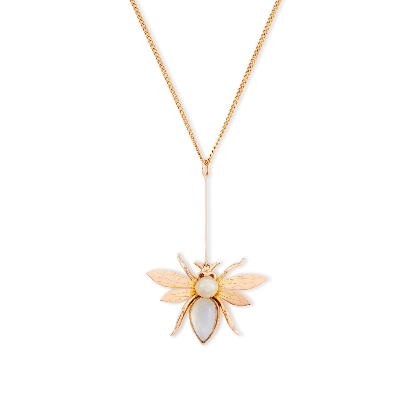 Delightful Edwardian 9ct gold insect pendant with a moonstone body, a pearl head and ruby eyes, on a 9ct gold chain.