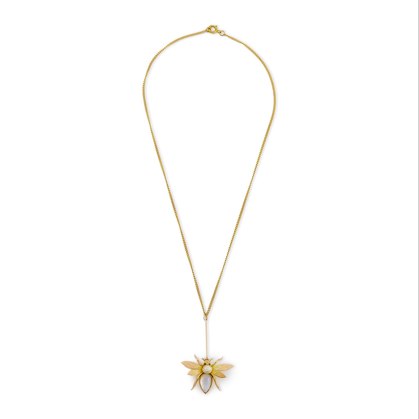Delightful Edwardian 9ct gold insect pendant with a moonstone body, a pearl head and ruby eyes, on a 9ct gold chain.