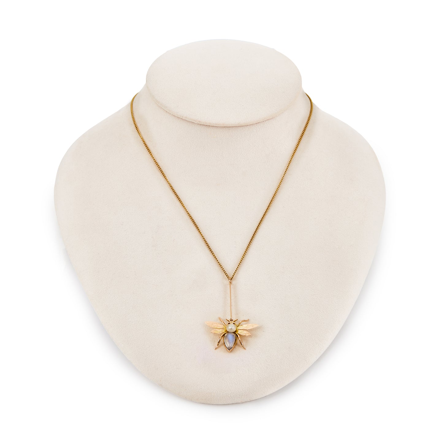 Delightful Edwardian 9ct gold insect pendant with a moonstone body, a pearl head and ruby eyes, on a 9ct gold chain.