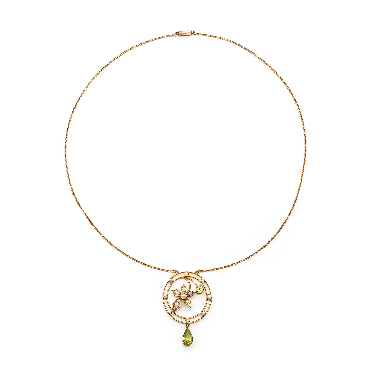 Charming Edwardian 9ct gold seed pearl and peridot pendant attached to 9ct gold chain.