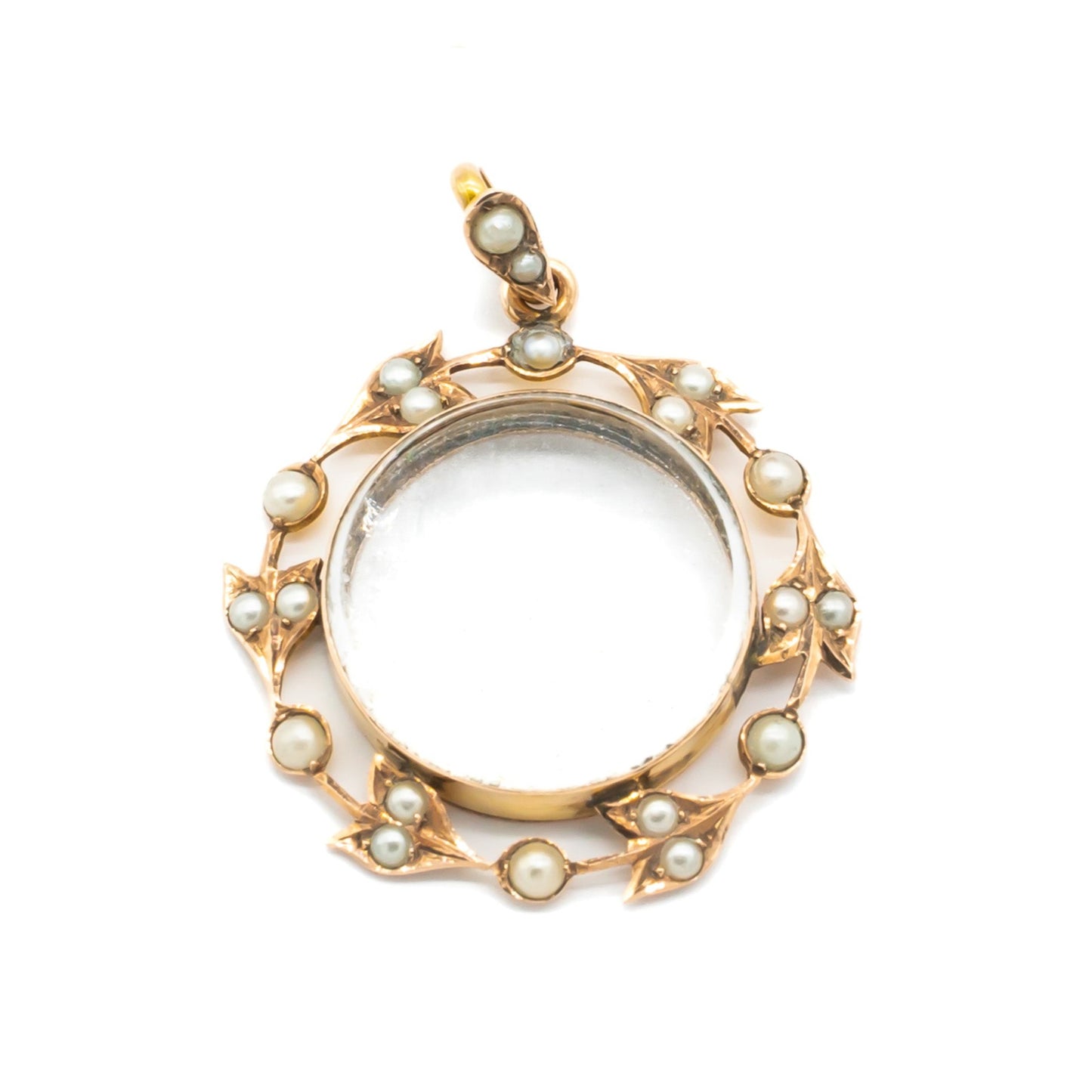 Beautiful Edwardian 9ct gold seed pearl pendant with bevelled glass in the centre. Ideal to hold a photo. London