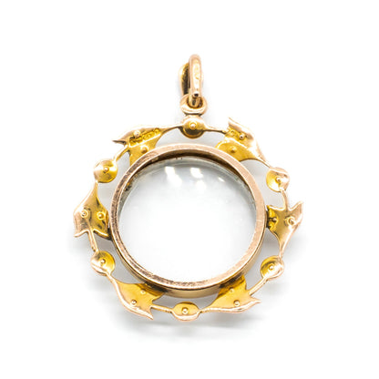 Beautiful Edwardian 9ct gold seed pearl pendant with bevelled glass in the centre. Ideal to hold a photo. London