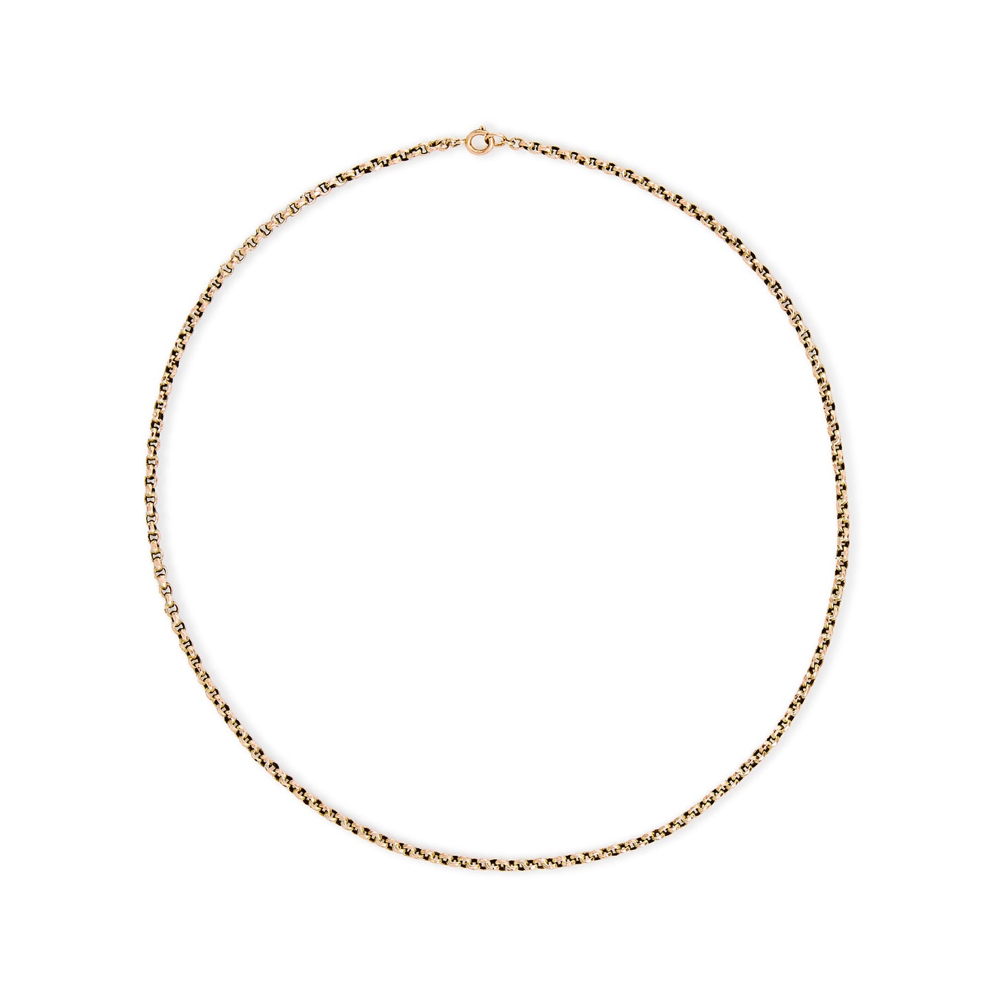 Classic Edwardian 9ct rose gold belcher link chain, with a bolt ring clasp.