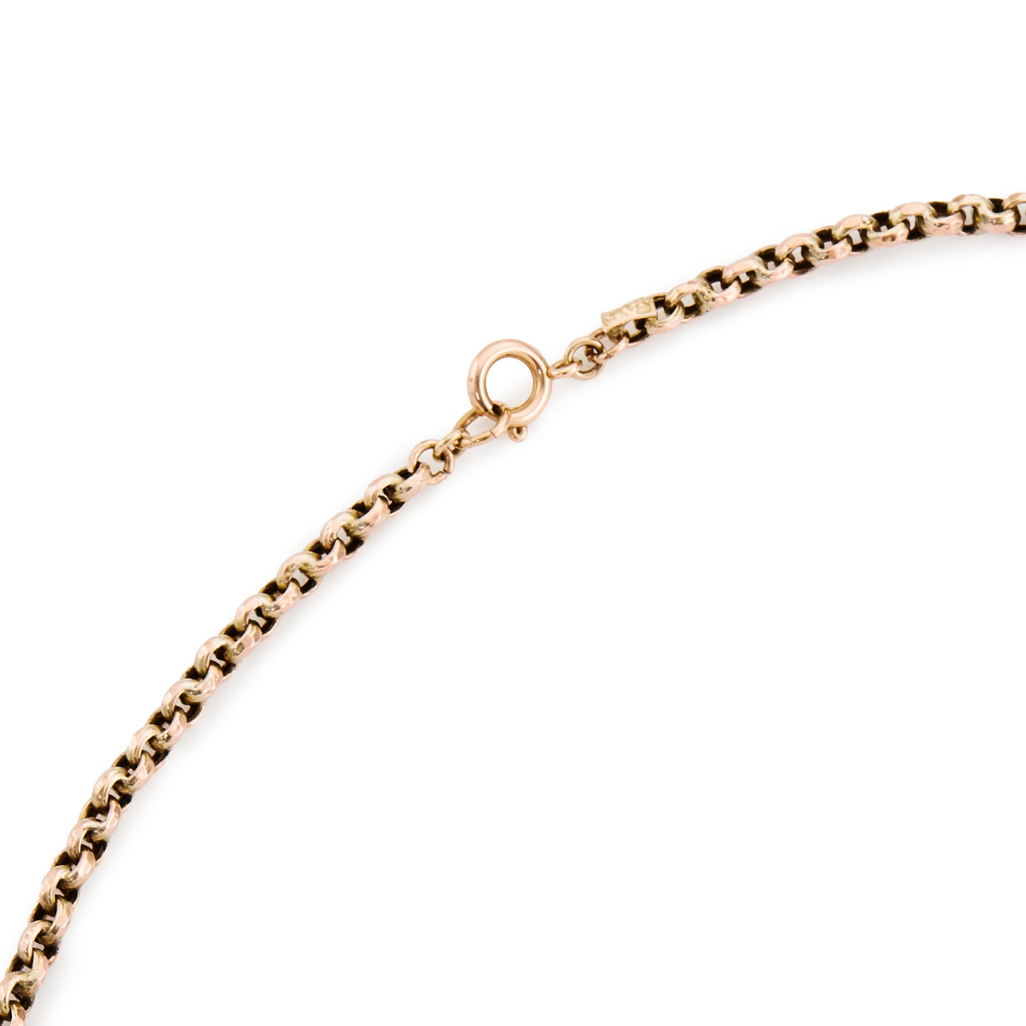 Classic Edwardian 9ct rose gold belcher link chain, with a bolt ring clasp.