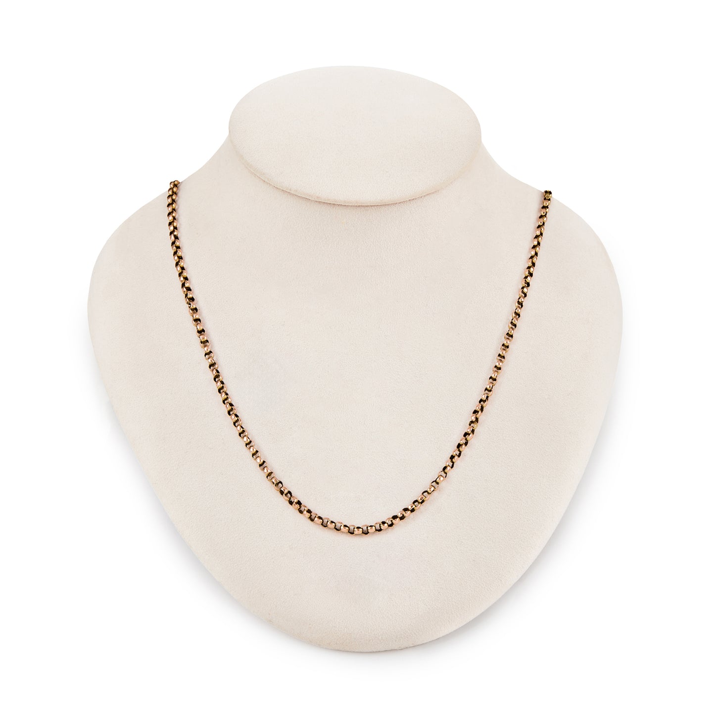 Classic Edwardian 9ct rose gold belcher link chain, with a bolt ring clasp.