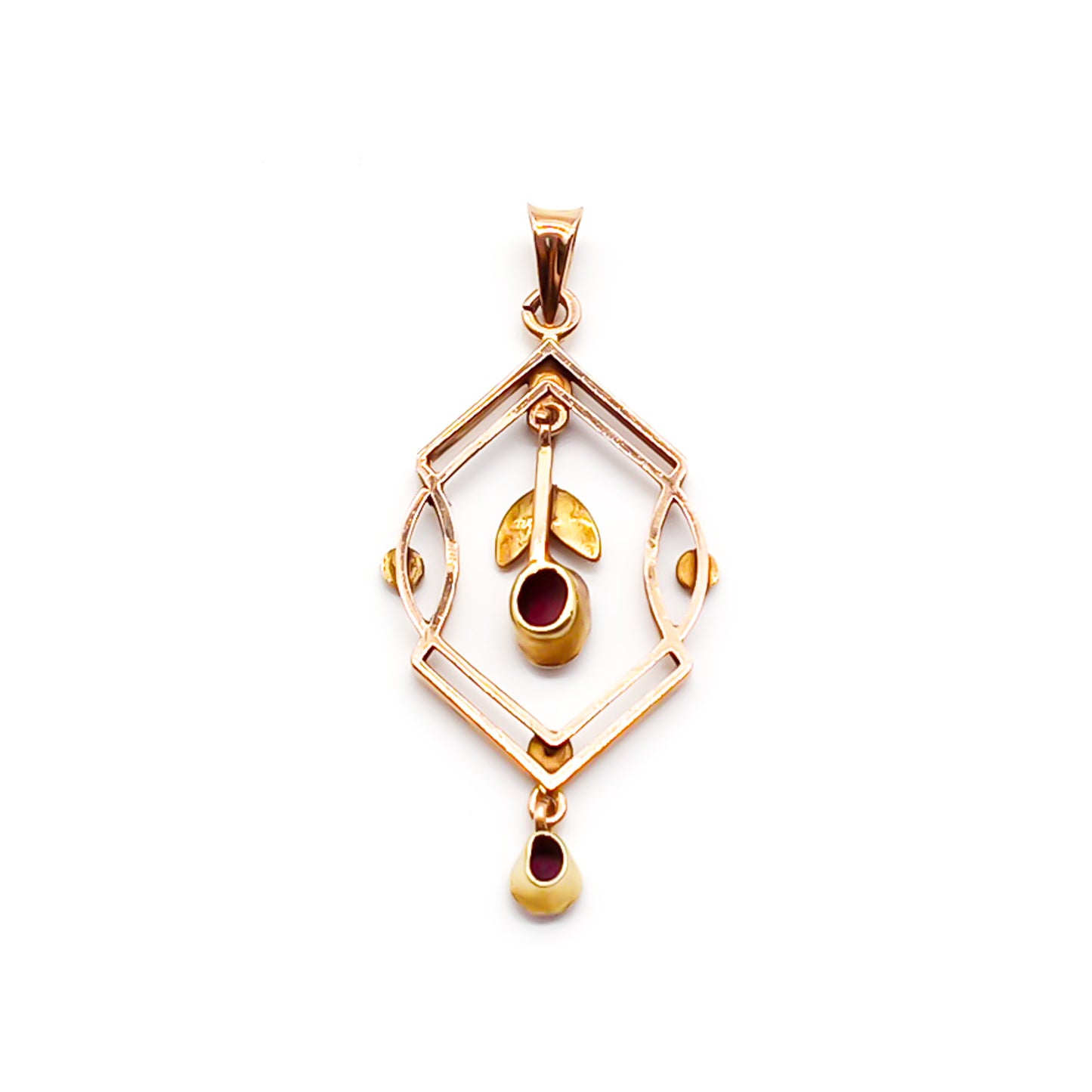 Dainty Edwardian 9ct rose gold pendant set with six seed pearls and two faceted garnet drops.