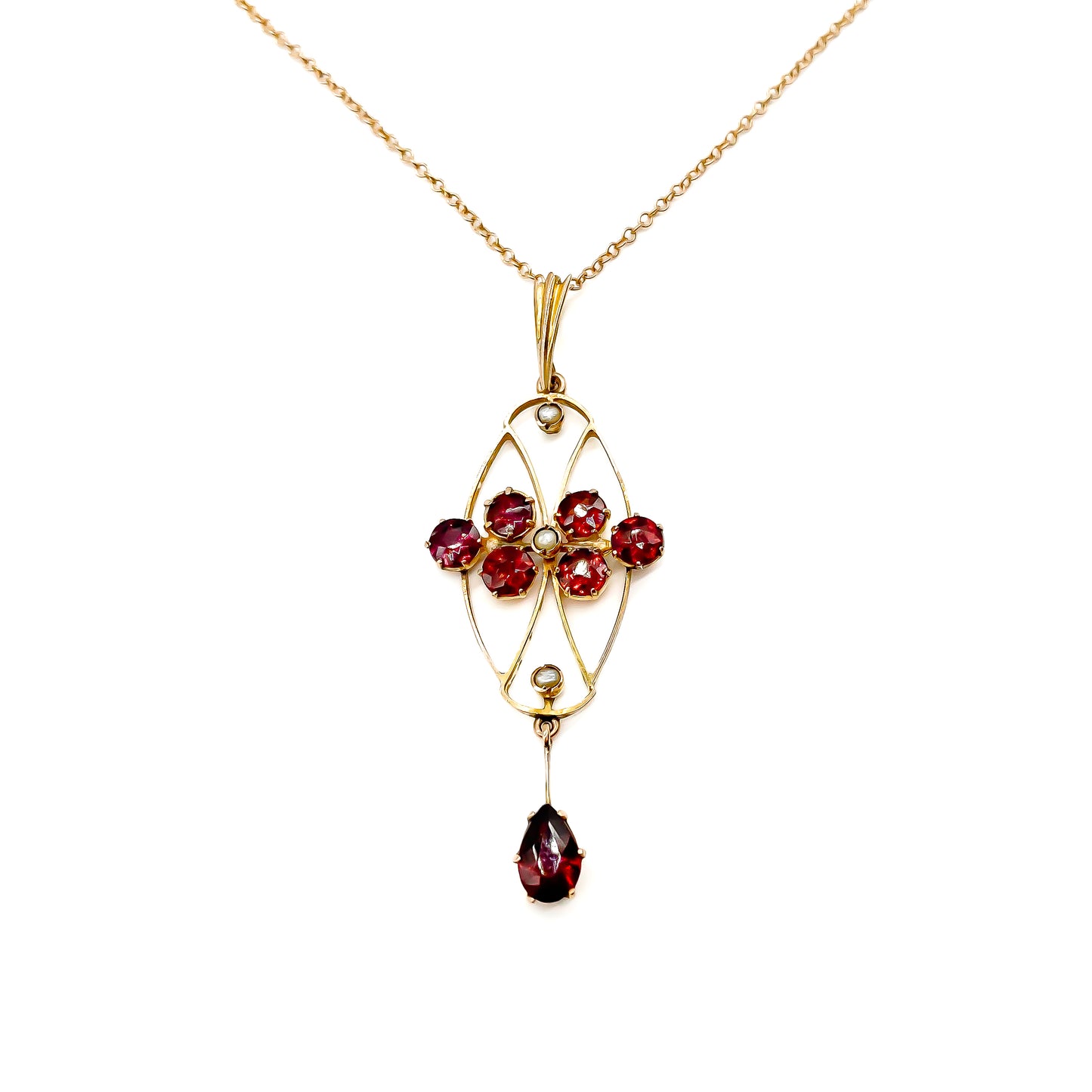 Delicate Edwardian 9ct rose gold garnet and seed pearl pendant on a 9ct rose gold chain.