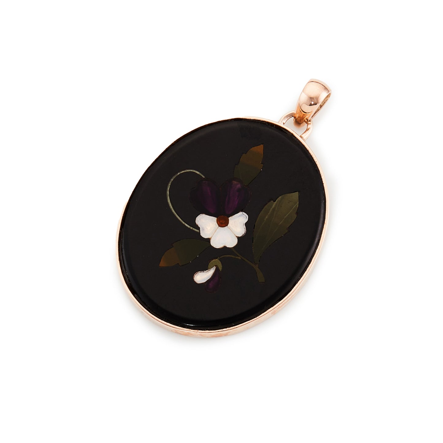 Beautiful 9ct rose gold pendant set with a natural stone Pietra Dura oval disk depicting purple and white flowers with green stems and leaves. Italy