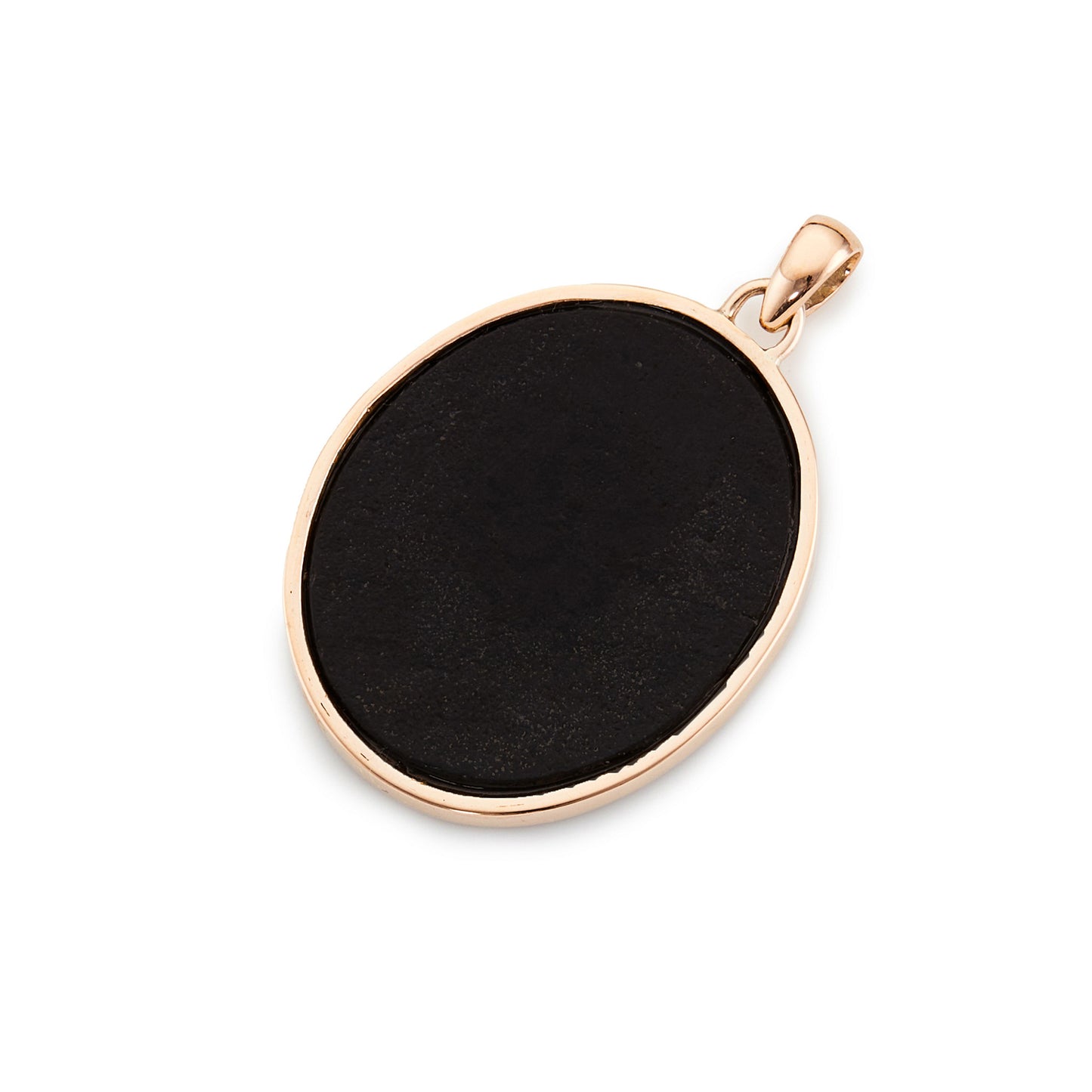 Beautiful 9ct rose gold pendant set with a natural stone Pietra Dura oval disk depicting purple and white flowers with green stems and leaves. Italy