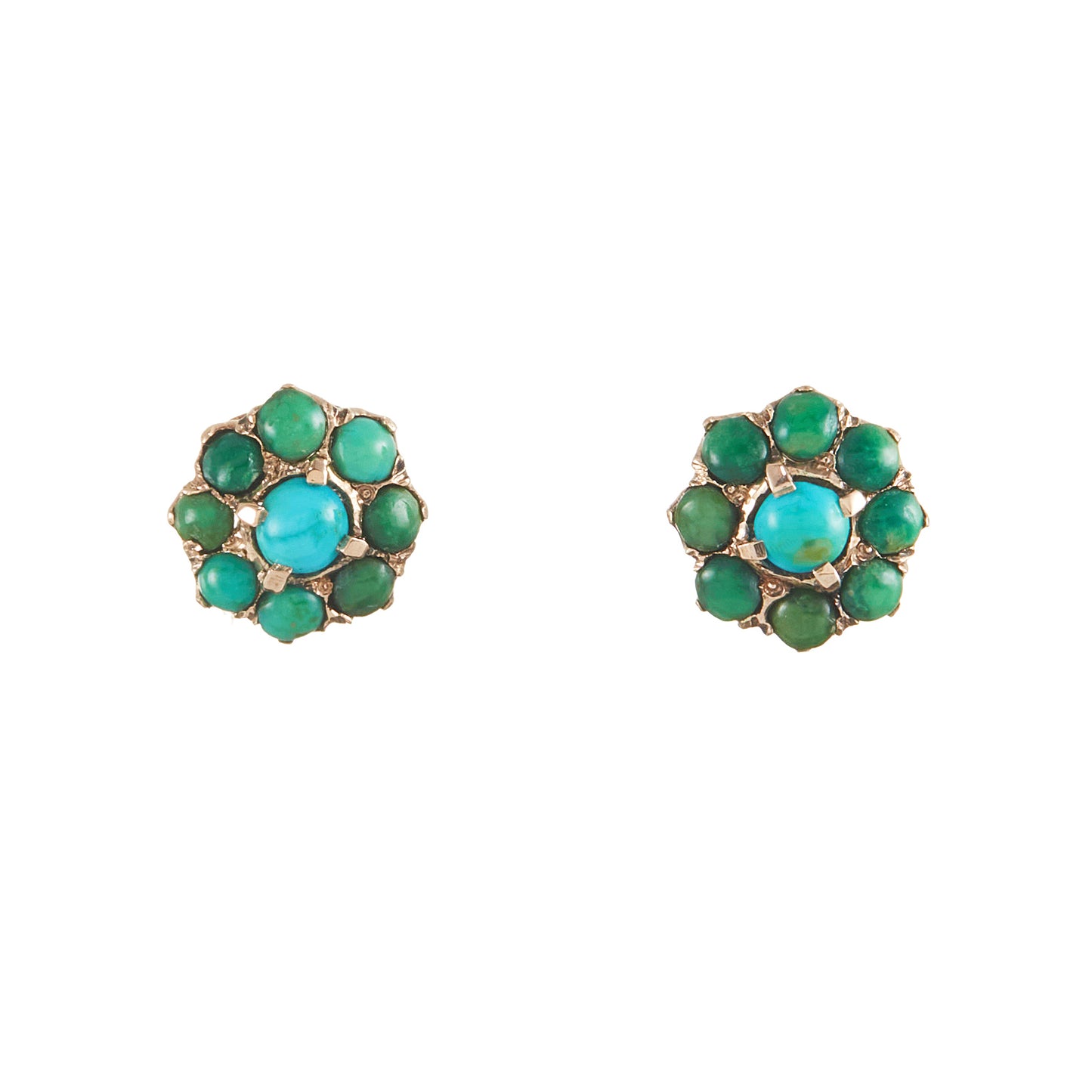 Lovely Edwardian 9ct rose gold stud earrings, each set with nine turquoise stones, varying in colour.